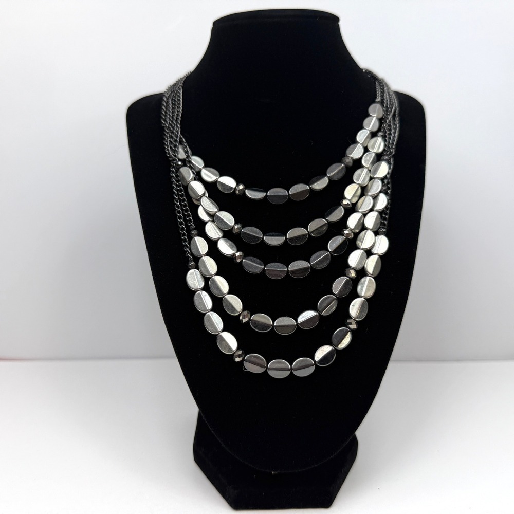 NY Layer Statement Bib Necklace Strand Bead Chain Gray Silver Jewelry 10 in